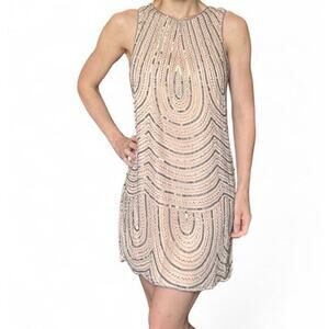 Vintage Pink Women’s Dress Beaded Silver Sequins Size Medium Glam Short Flapper